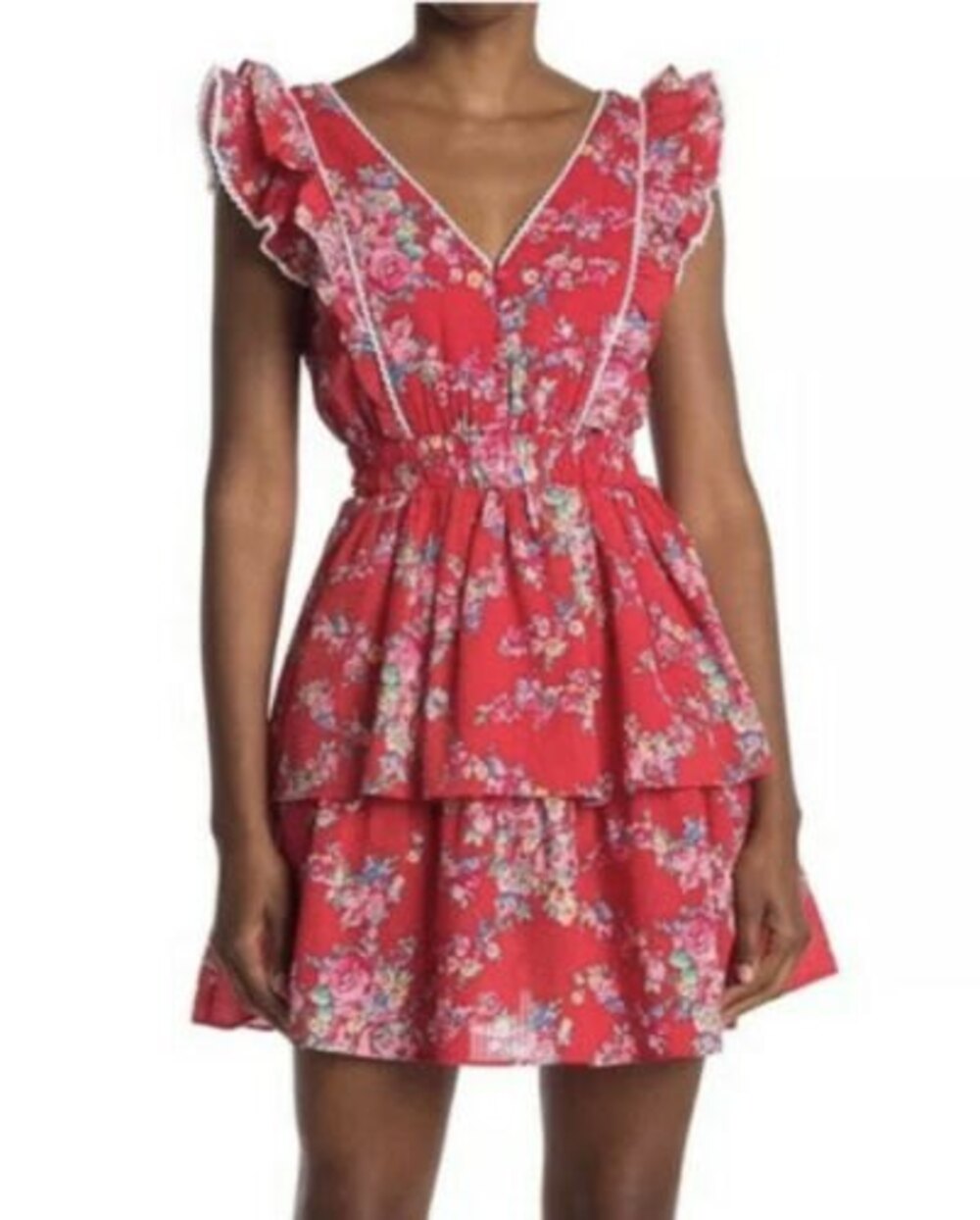 NWT Betsey Johnson Red Floral Ruffle Sleeve Dress M Cottagecore Seersucker Boho